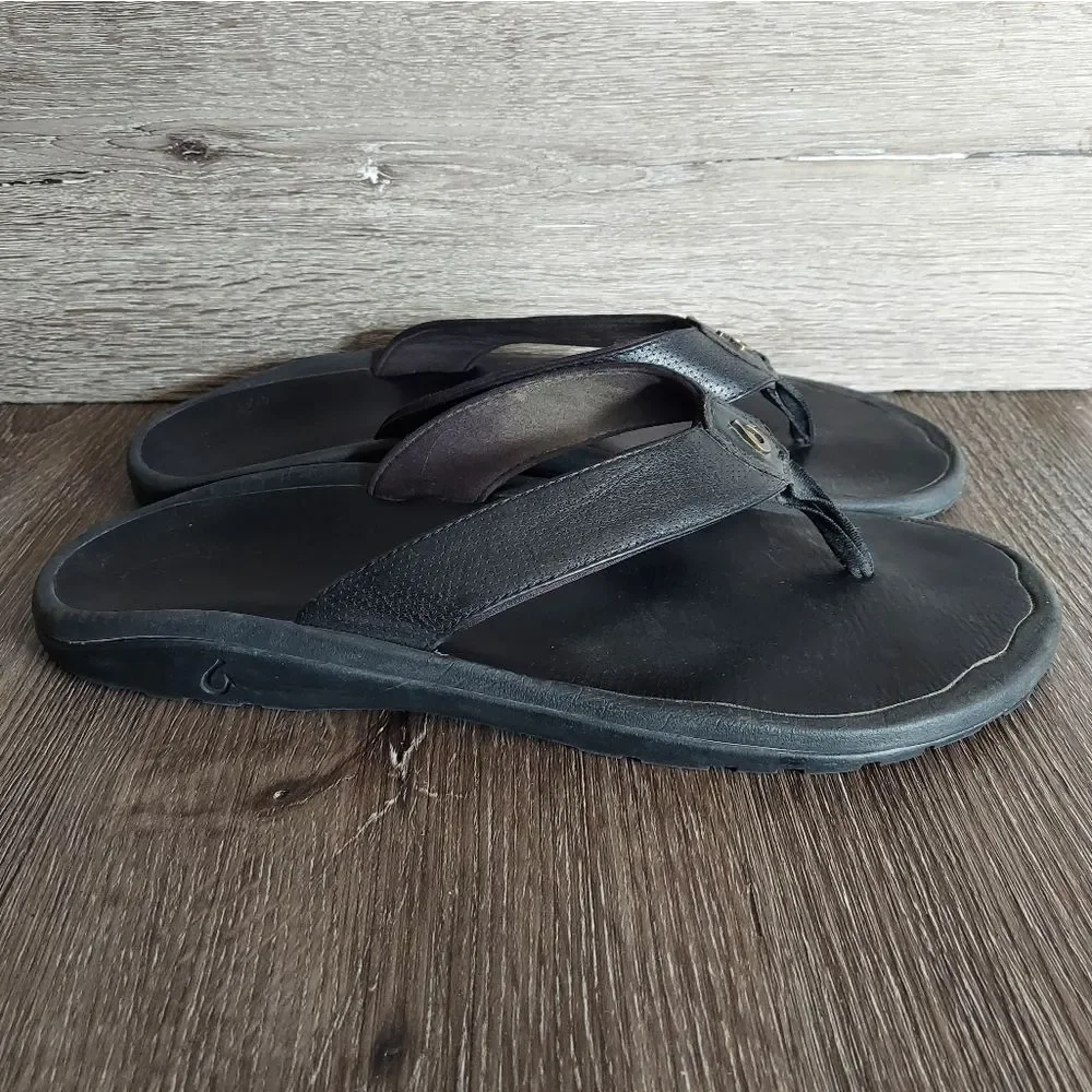 Olukai Kupuna Black Leather Sandal Mens Size 14